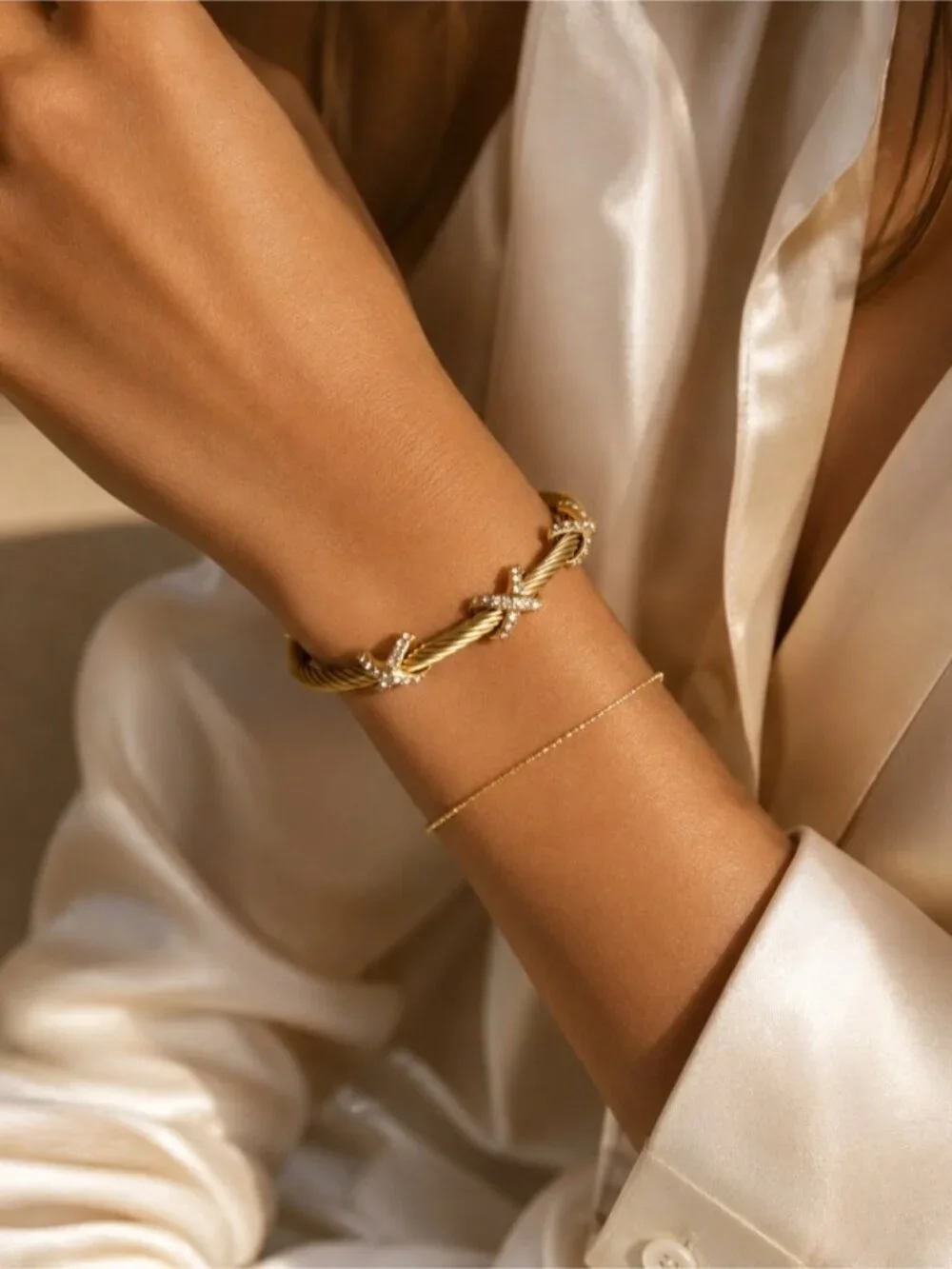 Gold Twisted Rope Bracelet with Crystal Accents
